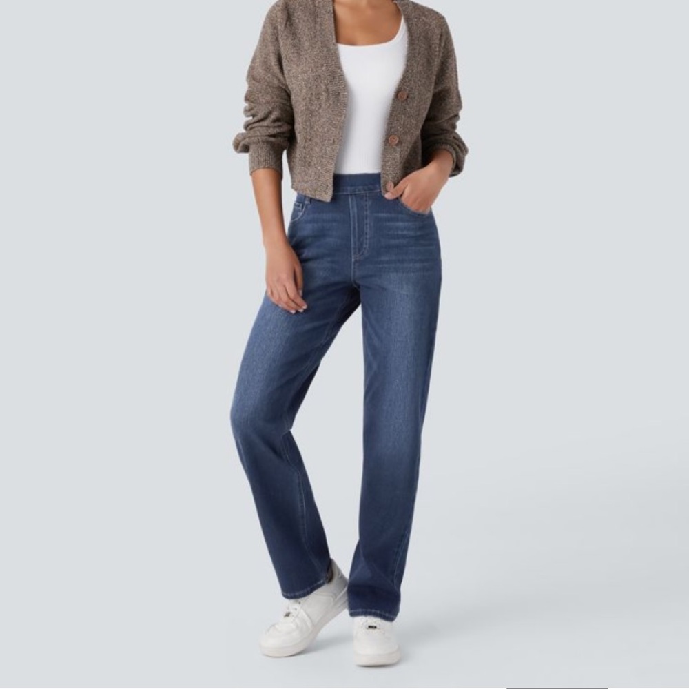 Halara Flex™ High Waisted Pockets Straight Leg Washed Casual Jeans Sz Small Tall